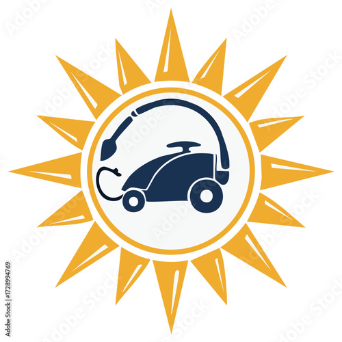 Steam Cleaner Machine Icon with Sun Rays, Cleaning Service Concept, Household Appliance Illustration