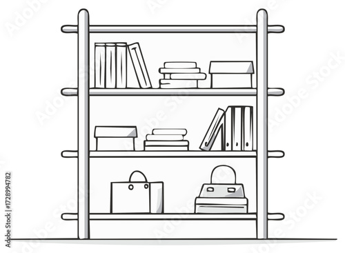 Organized Bookshelf with Books Boxes and Bags Black and White Line Art Illustration