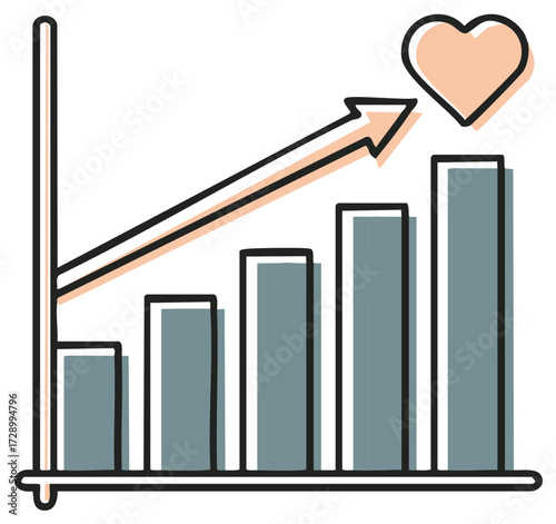Bar graph showing upward trend with heart icon symbolising success and popularity
