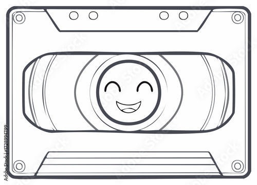 Audio Cassette Tape Outline with Happy Face, Music Icon, Retro Media, Vintage Style