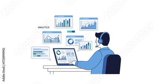 Professional analyzing complex data on a laptop with a headset, surrounded by charts and graphs, representing business intelligence, strategic insights, informed decisions