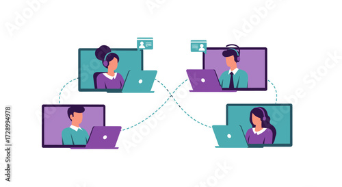 Remote Team Collaboration Connecting Professionals Across Laptops and Screens in Virtual Workspace