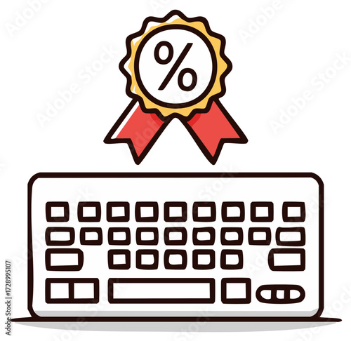Computer keyboard and discount percentage badge with ribbon concept illustration