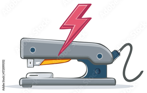 Electric stapler with a dynamic lightning bolt and power cord symbolizing office efficiency