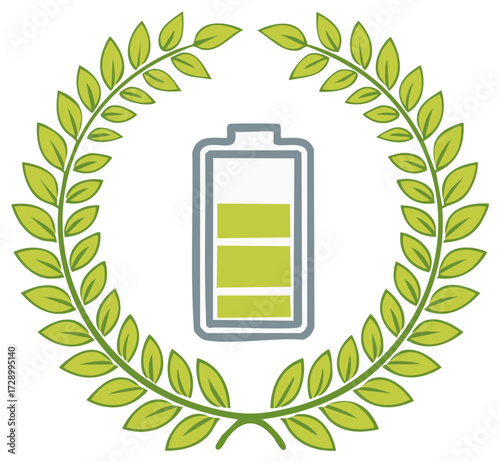 Sustainable green energy battery charging icon framed by a natural leaf wreath