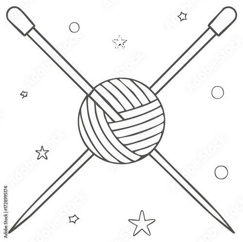 Knitting Still Life with Yarn Ball and Needles in Linear Style, Accompanied by Stars and Circles, Craft Project