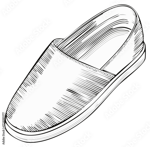 Slip-on shoe drawing with textured linework showing a low profile casual style
