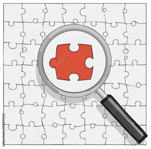 Magnifying Glass Finds a Missing Red Puzzle Piece in a Square Jigsaw with Many Gray Pieces on a White Backdrop