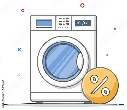 Doodle illustration of washing machine with percentage icon representing deals and discounts for home appliance products.