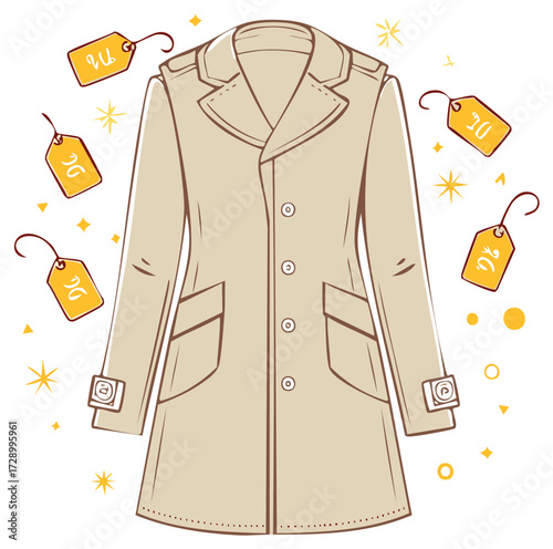 Fashion illustration of a classic trench coat with price tags for shopping, sales, and discounts