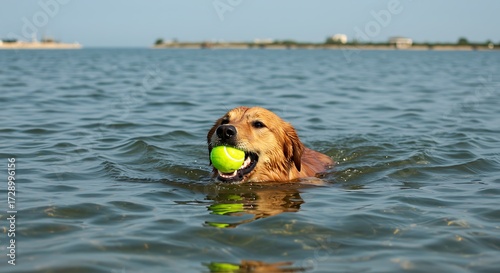 Golden retriever dog swimming in ocean water with a tennis ball