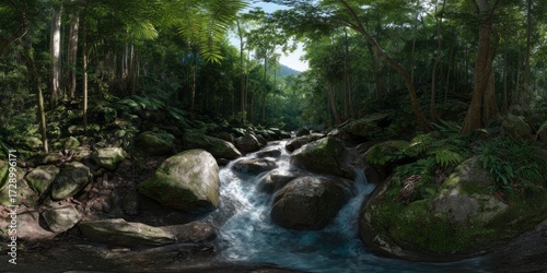 Lush rainforest waterfall nature hdri panoramic view tropical environment