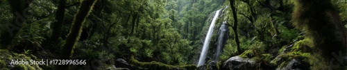 Lush rainforest waterfall hdri panoramic viewpoint in nature environment