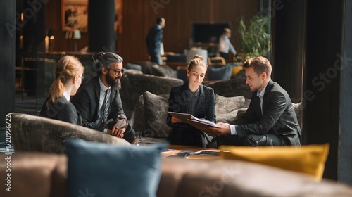 Business professionals discussing project in hotel lounge 
