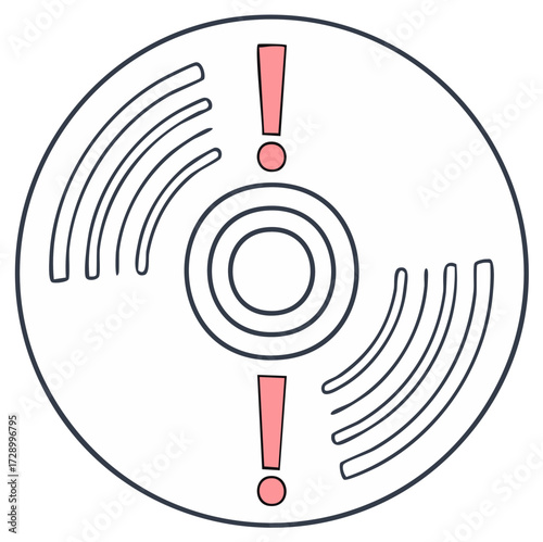 Warning exclamation marks on a digital disk with signal waves suggesting an audio or data issue