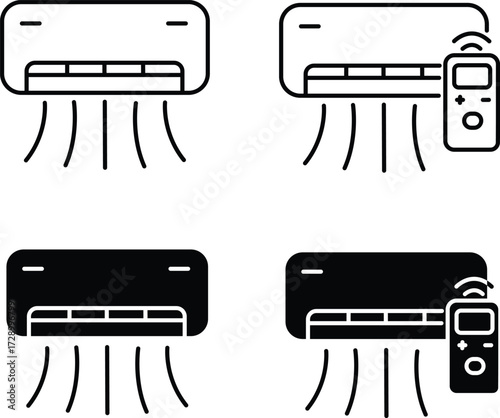 Air conditioner with remote control icons for cooling, heating, and smart climate control and Vector Silhouette..eps