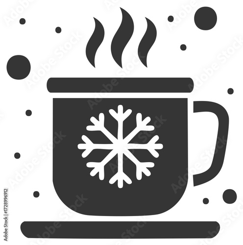 Mug with snowflake motif, steam, saucer and snow graphic in winter season