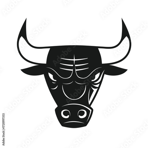 Stylized black bull head with sharp horns and fierce, furrowed brow