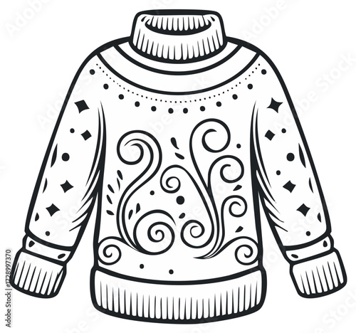 Ugly Christmas Sweater Outlined Drawing with Swirls Stars and Dots for Coloring or Pattern Design