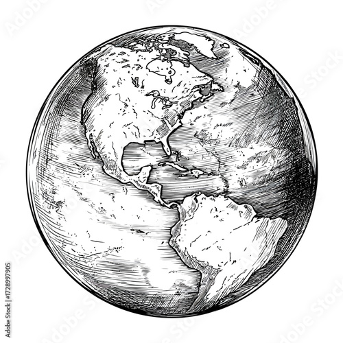 Etched globe showing North and South America in a sketchy, hatched style