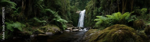Lush rainforest waterfall hdri panoramic view nature scene tropical environment