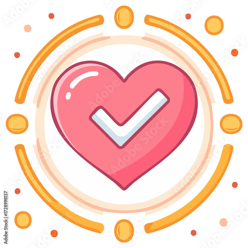 Verified pink heart icon with a white checkmark symbolizing health well-being love and positive validation in a decorative golden circle