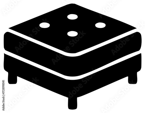 Black square ottoman with four legs and cushioned top, isolated object
