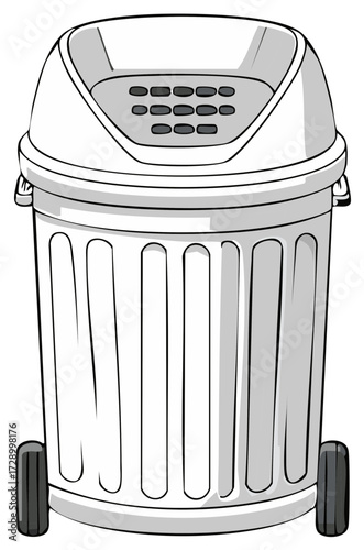 Drawn rolling garbage bin with buttons on the lid for sorting recycling and waste disposal system in cartoon