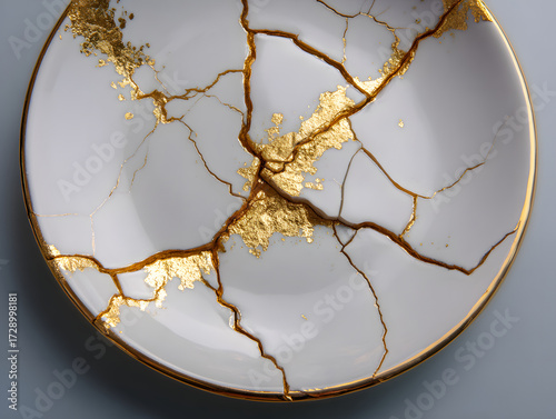 White ceramic plate with visible golden cracks, inspired by Japanese kintsugi technique, symbolizing beauty in imperfection and resilience, elegant and artistic style