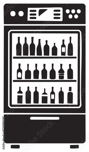 Black and white vector drawing of liquor refrigerator with numerous bottles, drinks inside