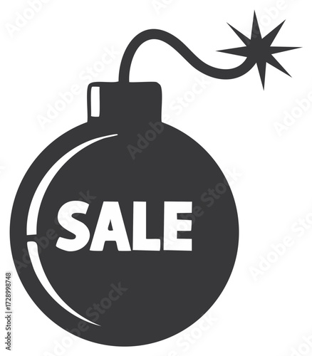 Sale bomb black and white sign, explosive special offer sticker, retail announcement