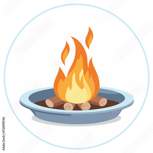 Bright outdoor campfire with vivid flames and wood in a circular fire pit illustration