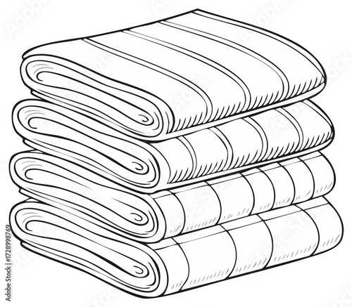 Stacked Folded Blankets or Towels in Line Art Style, Isolated