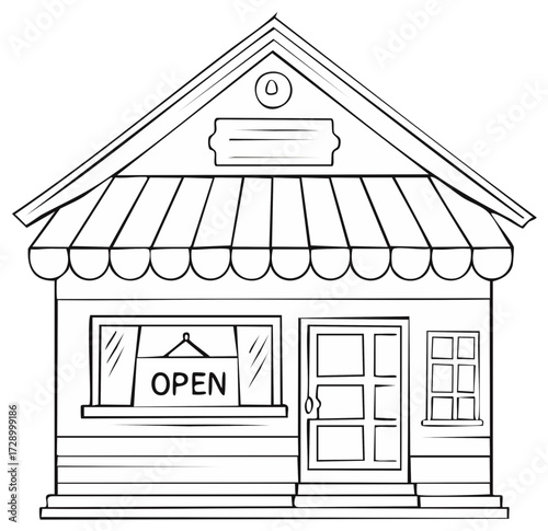 Line Art of Storefront with Awning and Open Sign in Window Illustration