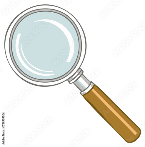 Cartoon magnifying glass with a wooden handle vector illustration for search discovery and investigation