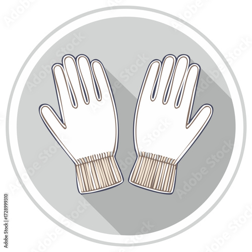 Pair of white illustrated gloves with ribbed cuffs and long shadows in circular frame