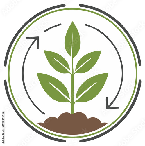 Green plant growing from soil within a circular emblem with cycle arrows