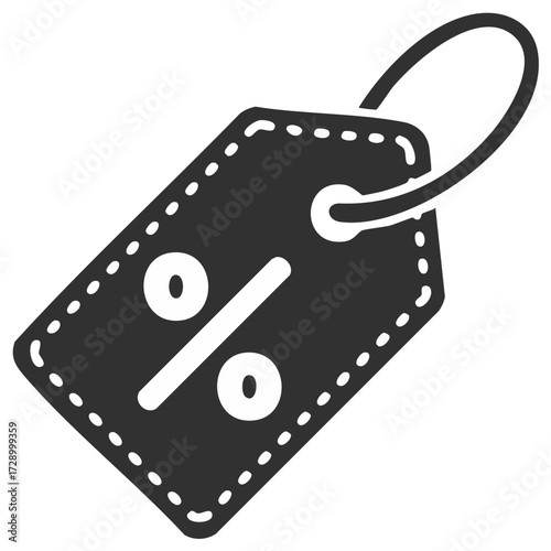 Dark gray price tag icon with a white percentage symbol and dashed stitching detail