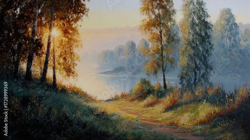 Painting of a beautiful hazy autumn landscape. Trees in fall colors.