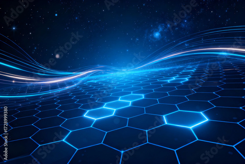 Abstract blue digital technology background with glowing hexagons and futuristic lines