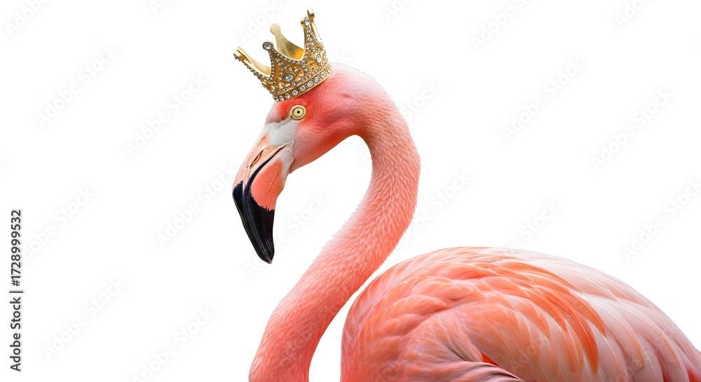 Obraz premium A regal flamingo adorned with a golden crown, showcasing its vibrant plumage against a white backdrop