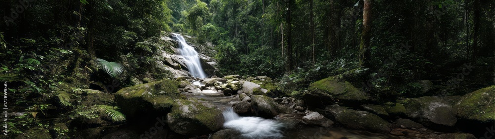 Fototapeta premium Lush rainforest waterfall hdri panoramic view equirectangular environment map