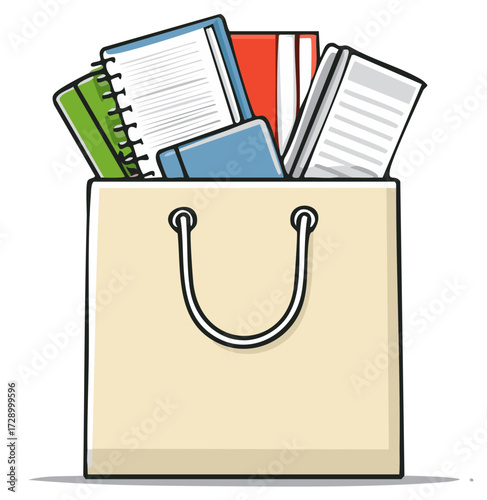 Cartoon Illustration of Paper Bag Full of Books and School Supplies for Education