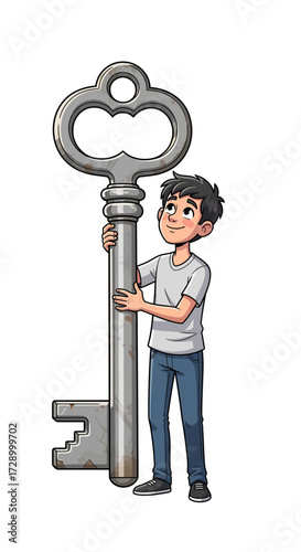 Young man holding a giant antique key, symbolizing unlocking opportunities and potential