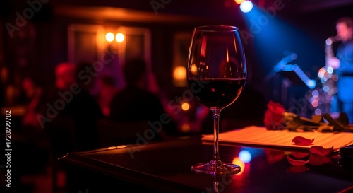 Elegant wine glass in a dimly lit jazz bar, with a rose and sheet music on the table, creating ambiance