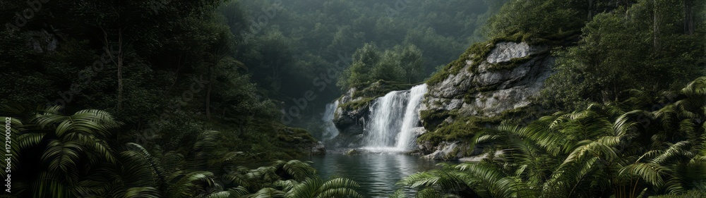 Obraz premium Lush rainforest waterfall hdri panoramic view nature photography serene environment