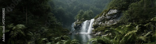 Lush rainforest waterfall hdri panoramic view nature photography serene environment