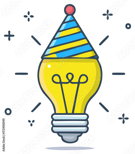 Bright idea light bulb wearing a party hat with celebratory sparks around it