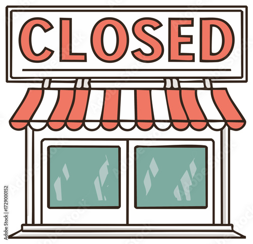 Illustration of a closed storefront with a striped awning and large windows