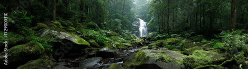 Waterfall surrounded by lush rainforest hdr panoramic view nature serene environment